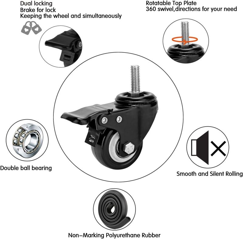YOOGAA 2" Stem Caster Wheels with Safety Dual Locking 600Lbs Heavy Duty Threaded Stem Casters No Noise Swivel Castors with Brakes 3/8"- 16 x 1 (Set of 4) - Image 5